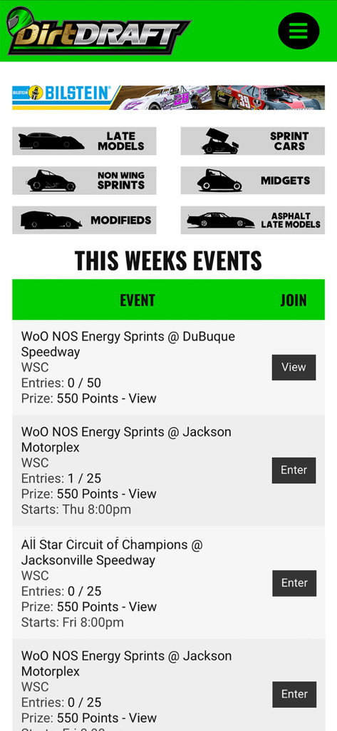 Dirt Draft - Dirt Draft app showing a list of this week's dirt track racing events and categories