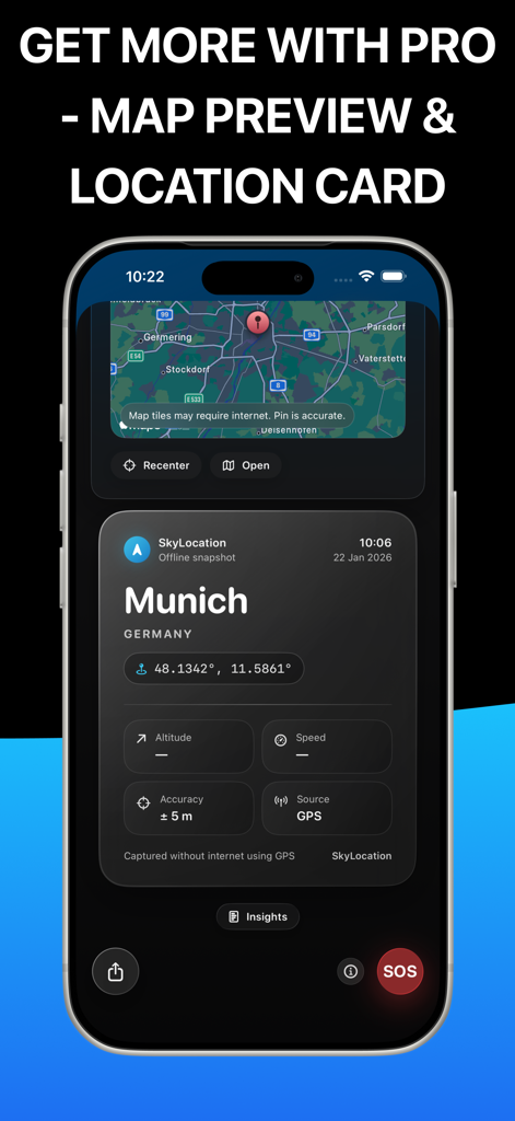 SkyLocation - SkyLocation app interface showing a Pro version map preview and a location card for Munich, Germany, featuring GPS coordinates and accuracy metrics.