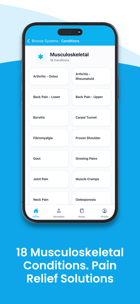 Una pantalla móvil de la aplicación HomeoMate que muestra una lista de 18 afecciones musculoesqueléticas que incluyen artritis, dolor de espalda y calambres musculares.