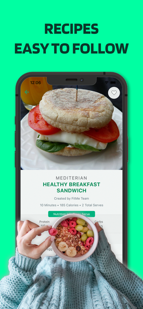 Home Fitness: 7 Minute Workout - Pantalla de la aplicación móvil que muestra recetas saludables fáciles de seguir y un sándwich de desayuno mediterráneo