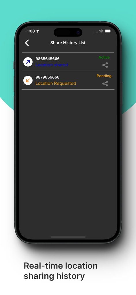 Mobile Number Tracker Location - Pantalla de la aplicación Rastreador de Números Móviles que muestra el historial de uso compartido de ubicación en tiempo real