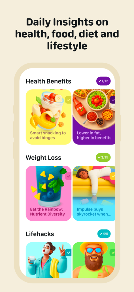Foodllama AI calorie tracker - A colorful mobile app interface showing curated daily health, diet, and lifestyle insights with whimsical illustrations.