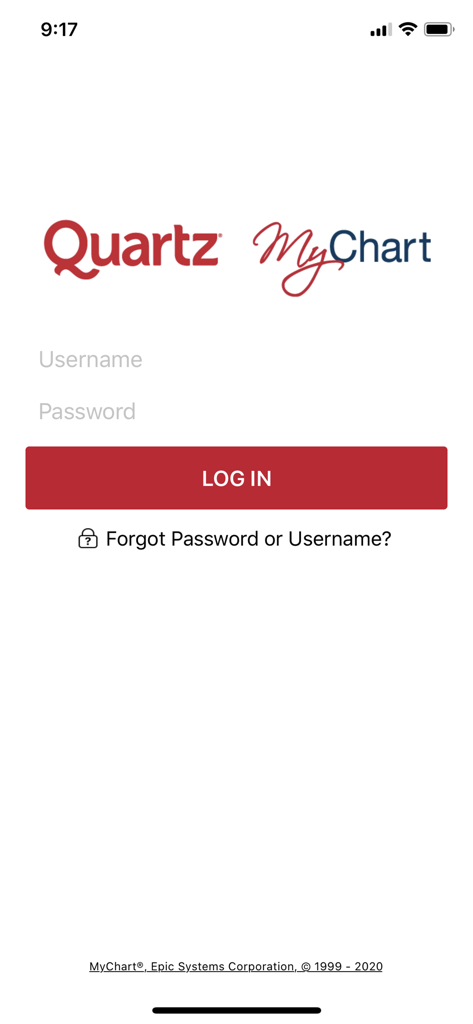 Quartz MyChart mobile app login screen featuring username and password fields