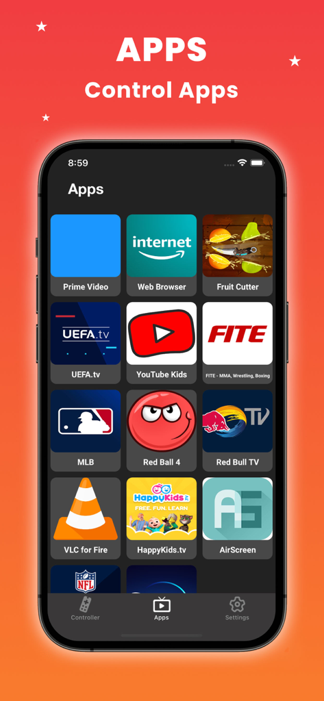 Interface de um aplicativo móvel exibindo uma grade de aplicativos Fire TV como Prime Video e YouTube Kids para lançamento direto.