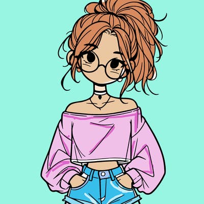 girl with a messy ponytail glasses a baggy crop top and jean shorts