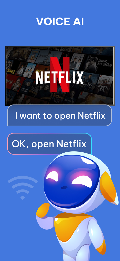 Universal TV Remote Voice AI - Asistente robot IA abriendo Netflix en la TV con comando de voz