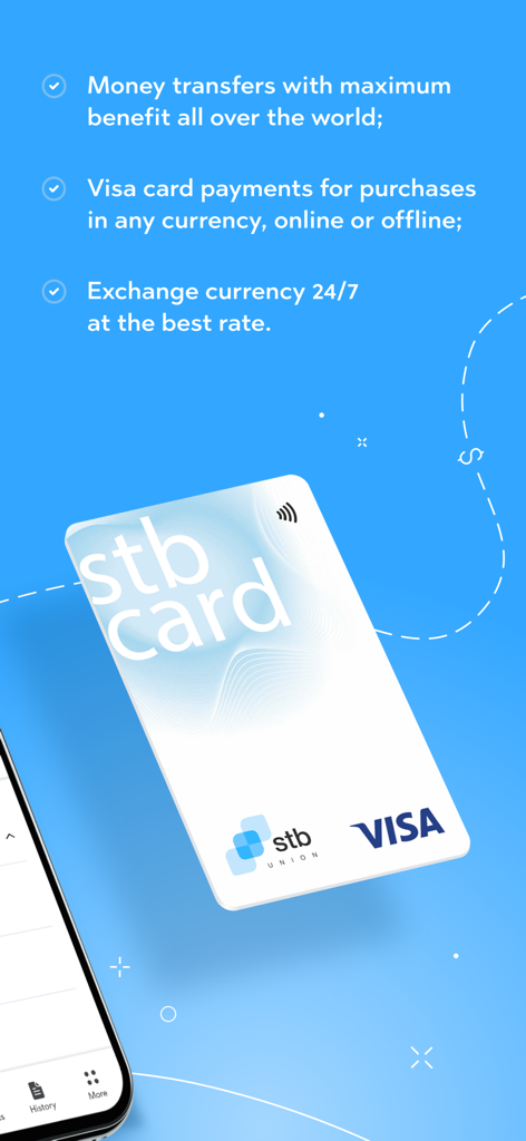 STB Union - Money transfer app - Promotional screen showing the STB Union Visa card and its features for global money transfers and currency exchange.