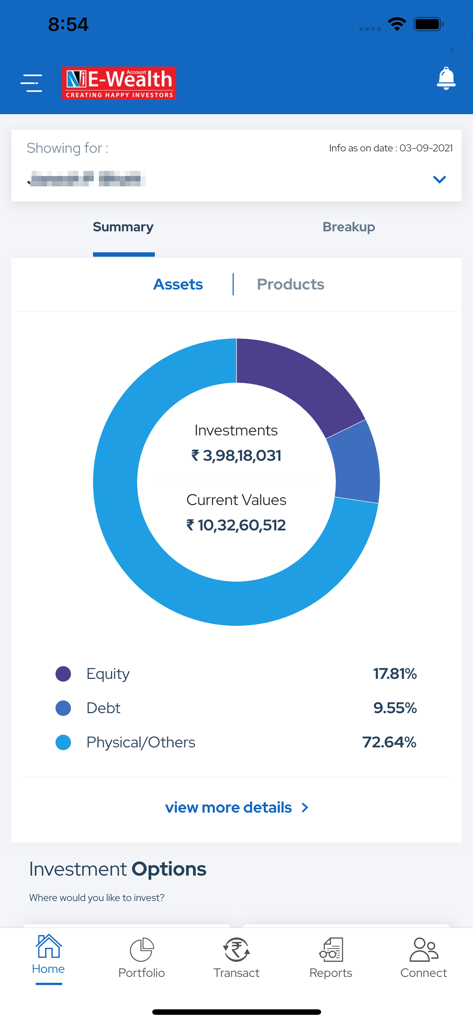 NJ  E-Wealth Account - NJ E-Wealth 계정 대시보드, 지분 및 부채를 포함한 자산 배분 도넛 차트와 함께 포트폴리오 요약 표시