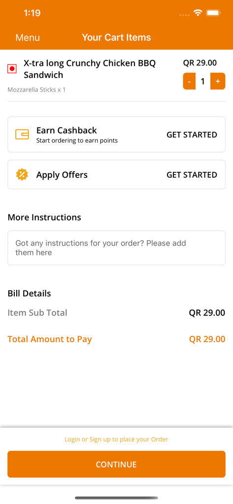 Burger King Qatar - Checkout screen of Burger King Qatar app showing a chicken sandwich order and bill details.