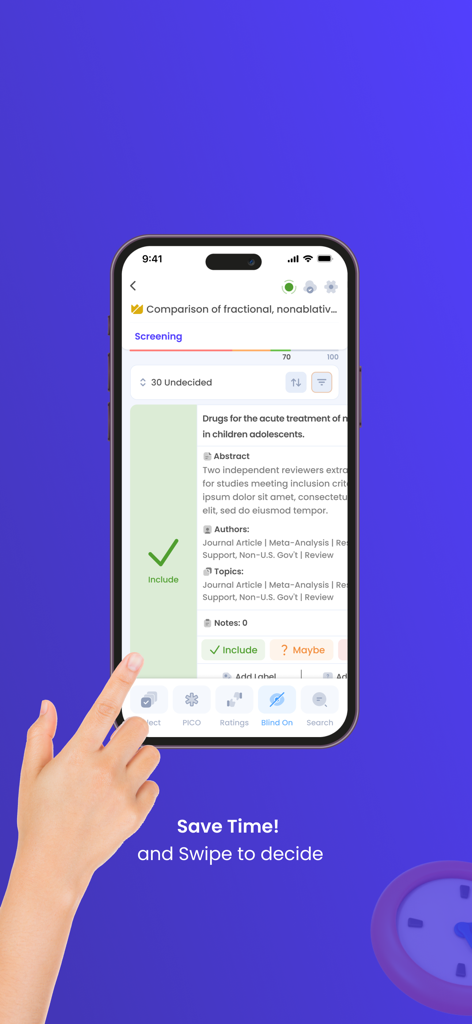 A hand swiping right on the Rayyan app to include a research article during a systematic literature review
