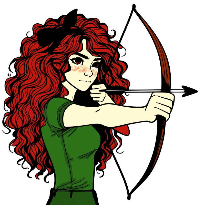a woman with curly and messy hair using a bow to shoot arrow realistic