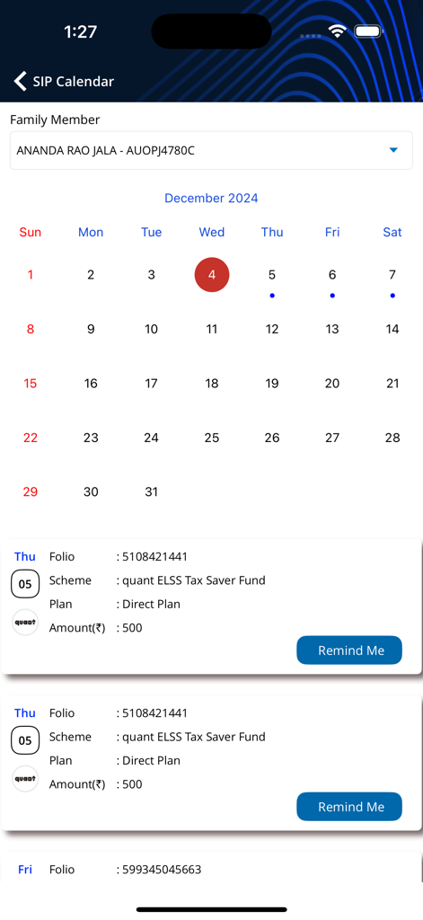 KFinKart App SIP-Kalender mit monatlichen Investmentfondsanlageterminen und Pl details.