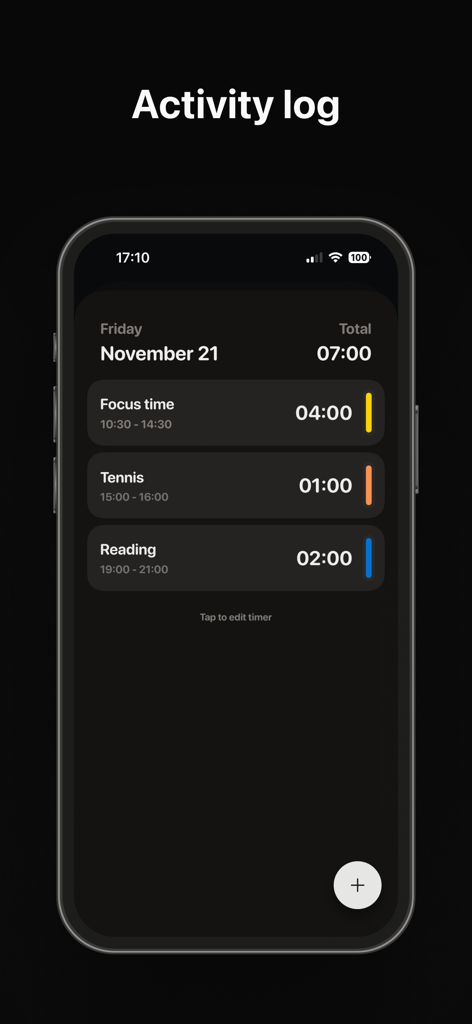 Emphasis: Flow & Focus Timer - A minimalist activity log screen in dark mode showing a summary of daily activities including focus time, tennis, and reading sessions with their respective durations.