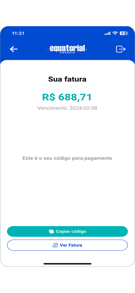 Equatorial Energia - 請求書金額と支払いオプションを表示するEquatorial Energiaアプリのモバイル画面