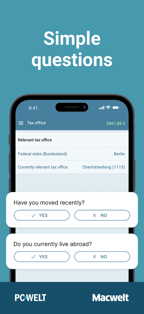 Tax Return Germany | Steuer Go - Una pantalla de teléfono inteligente que muestra la aplicación SteuerGo con preguntas simples de sí o no en inglés para presentar declaraciones de impuestos alemana.