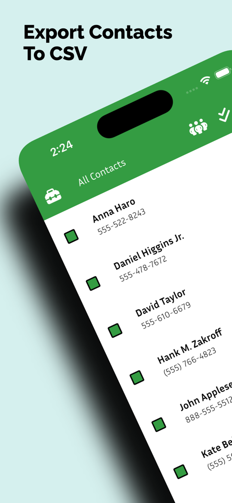 iPhone-App-Bildschirm mit einer Kontaktliste mit Kontrollkästchen für den CSV-Export.