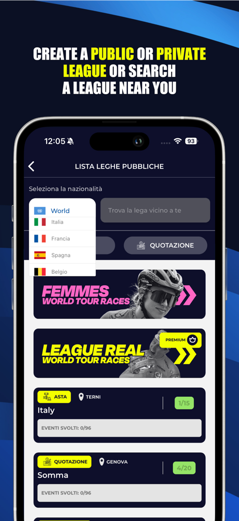 Fantacycling - A mobile app screen for Fantacycling showing options to browse public leagues and filter by country.