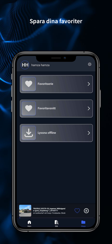 PrimeCrime - Interface of the PrimeCrime app showing options to save favorite series, episodes, and download content for offline listening