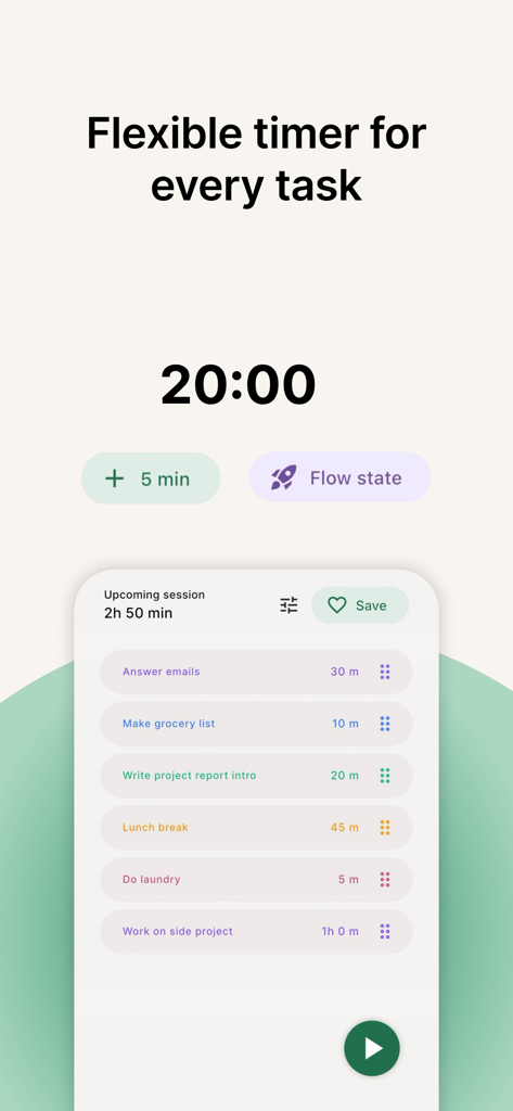 FlowStack: Focus Task Timer - Interface do aplicativo FlowStack mostrando um timer de foco e uma lista de tarefas empilhadas futuras com durações específicas
