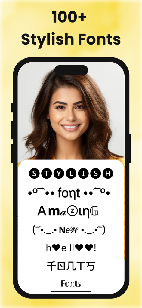 Text Fonts, Emojis & Symbols - 装飾的なシンボルとさまざまなクリエイティブでスタイリッシュなフォントを表示するスマートフォンの画面。