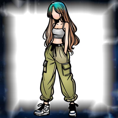 girl in baggy pants crop top and long hair