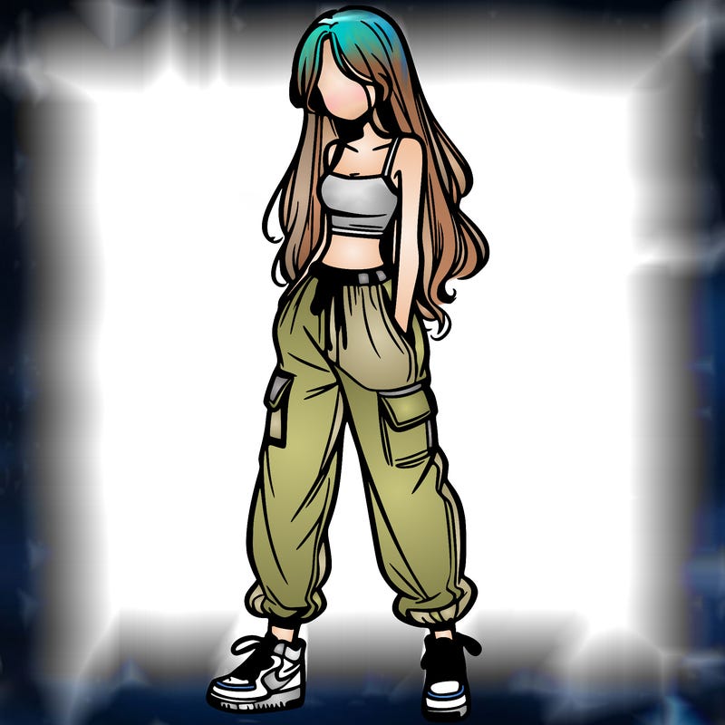 girl in baggy pants crop top and long hair