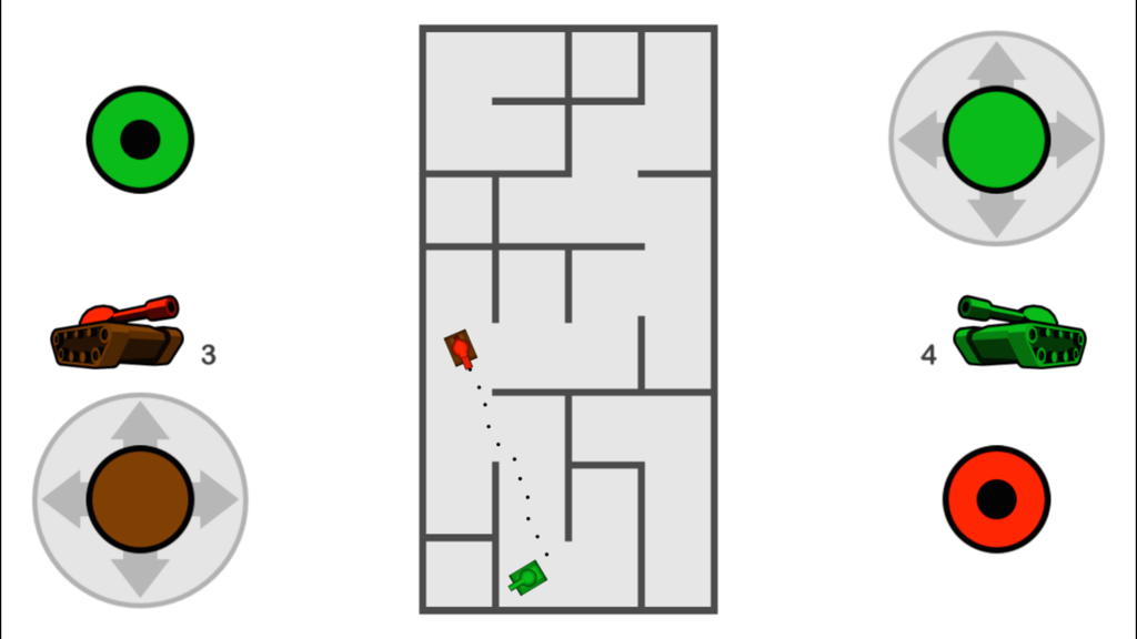 Local multiplayer tank battle in a maze on a shared screen