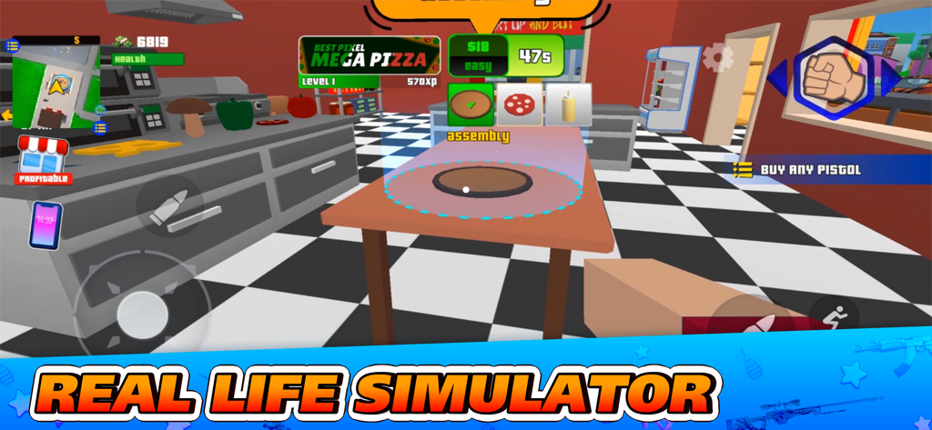 Gangs Wars City: Pixel Shooter - First person view of a pixelated pizza assembly mini game in a blocky kitchen