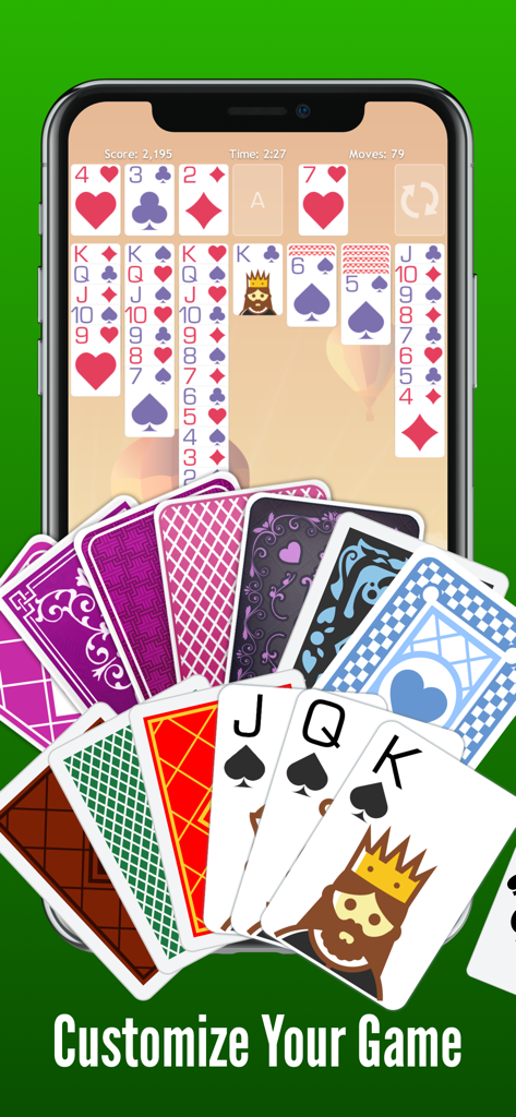 Un teléfono inteligente que muestra un juego de Solitario con varios diseños personalizables de reversos de cartas y caras de cartas