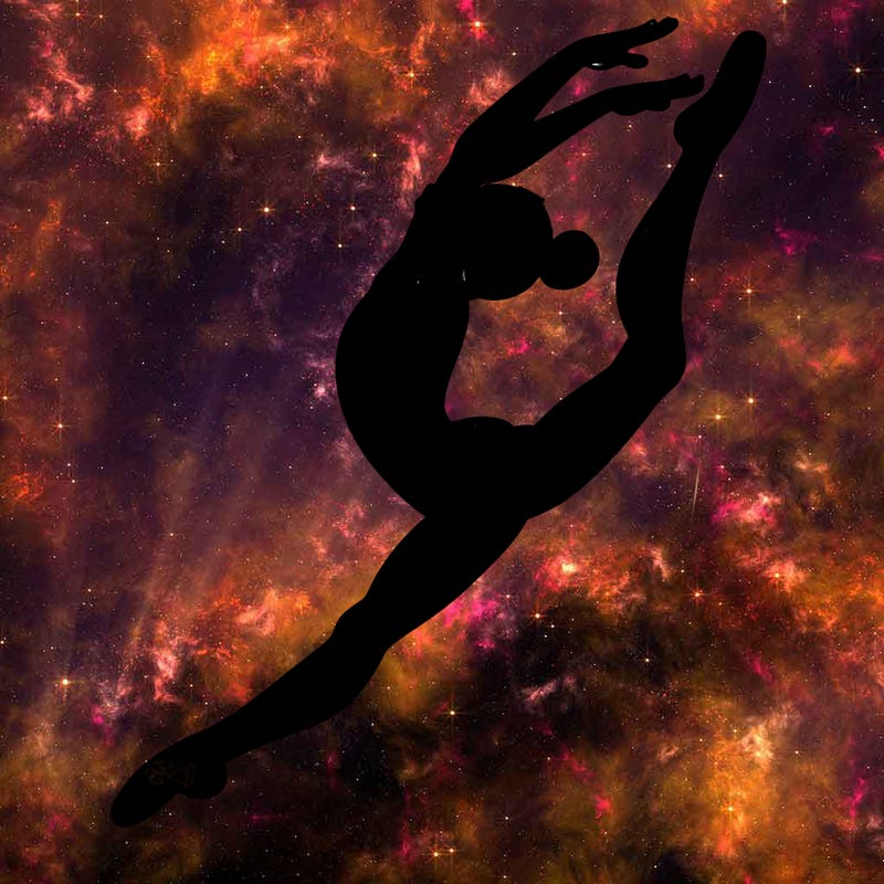 gymnast doing a leap in a leotard with a bent back leg