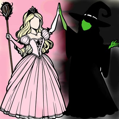 detailed realistic split of a princess and a witch