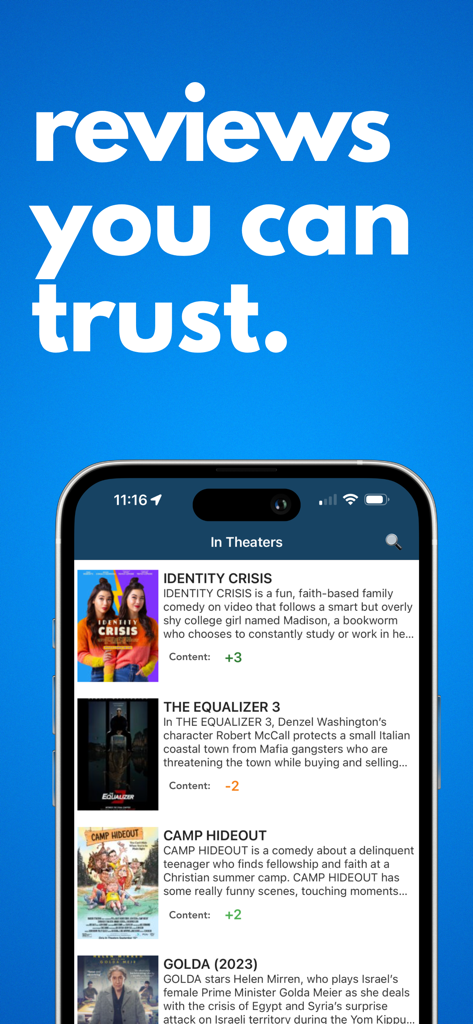 Movieguide® Movie & TV Reviews - Interface do aplicativo Movieguide exibindo avaliações confiáveis de filmes e classificações de conteúdo moral para famílias