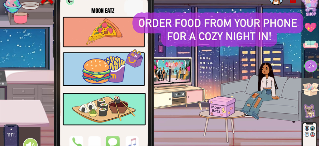 Moon World: Life & Style Sim - Interfaz telefónica dentro del juego para pedir comida en Moon World Life and Style Sim