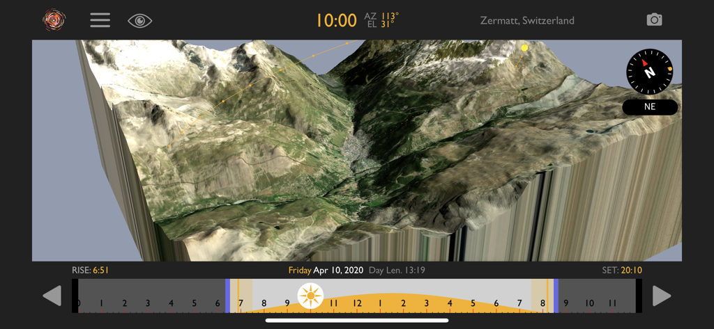 Helios Location Light Pre-Vis - Helios app interface showing a 3D landscape view of Zermatt with the sun path and lighting data for location scouting