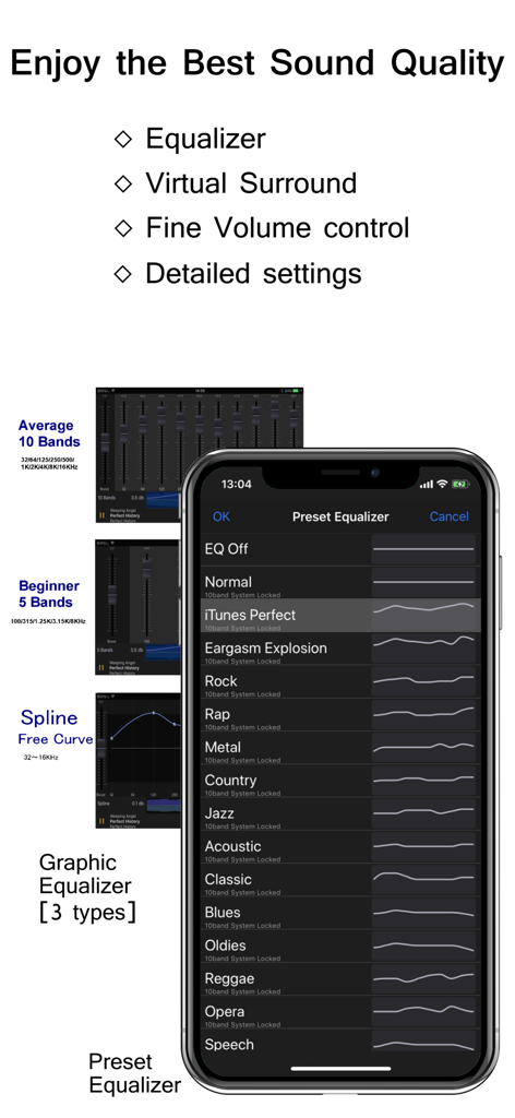 KaiserTone Medley -HiRes Audio - KaiserTone Medley app interface showing different graphic equalizer modes and audio presets
