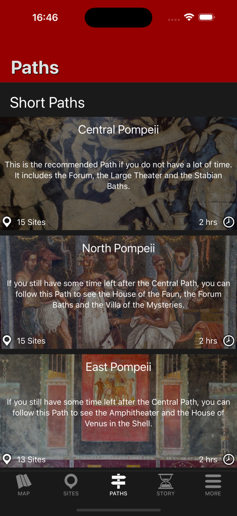 Pantalla de la aplicación Pompeii Tour mostrando rutas cortas para el norte y este de Pompeya con duraciones y número de sitios