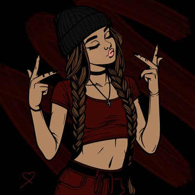 realistic teenage girl with braids and a beanie and crop top doing 🫶🏼