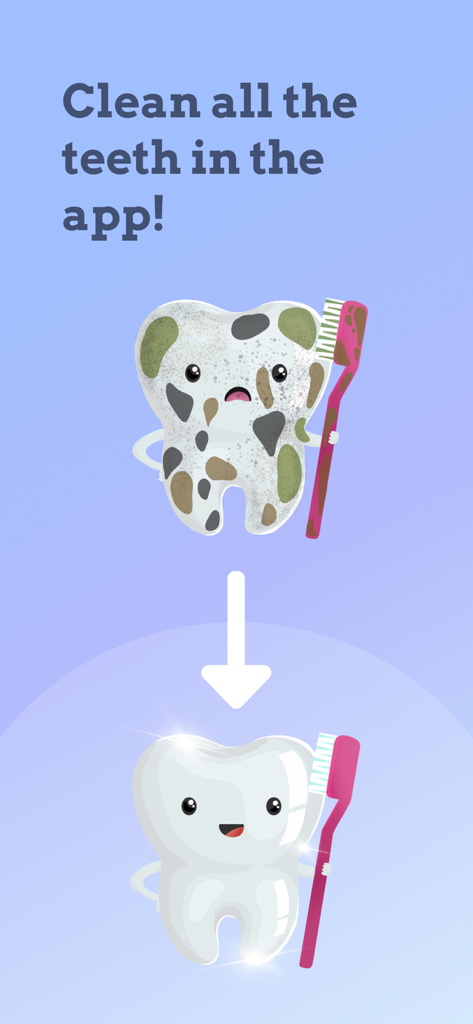 Toothie: Toothbrush Timer App - A comparison showing a sad dirty cartoon tooth transforming into a happy sparkling clean tooth holding a pink toothbrush