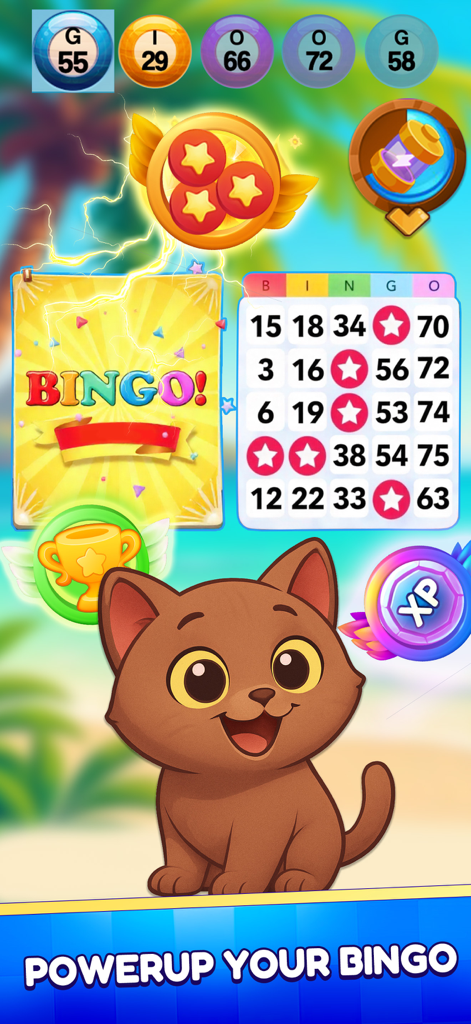 Bingo Madness Live Bingo Games - Bingo Madness gameplay screen featuring a cute cat character and power up boosters