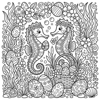 Celebrate spring and the magic of the ocean with this unique Easter seahorse coloring page. Featuring two charming seahorses adorned with flowers, surrounded by decorated eggs and vibrant marine life, it's a delightful scene ready for your creative touch.