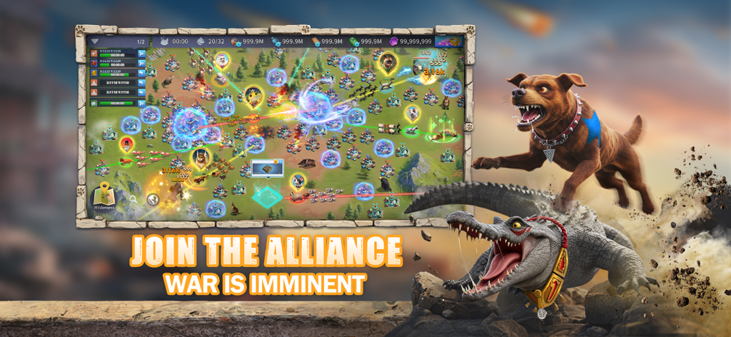 CatDog World: After Humans - Animal strategy game screenshot showing an alliance battle map with combat units and characters