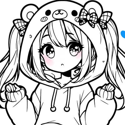 cute anime girl with ponytails and a cute bear hoodie