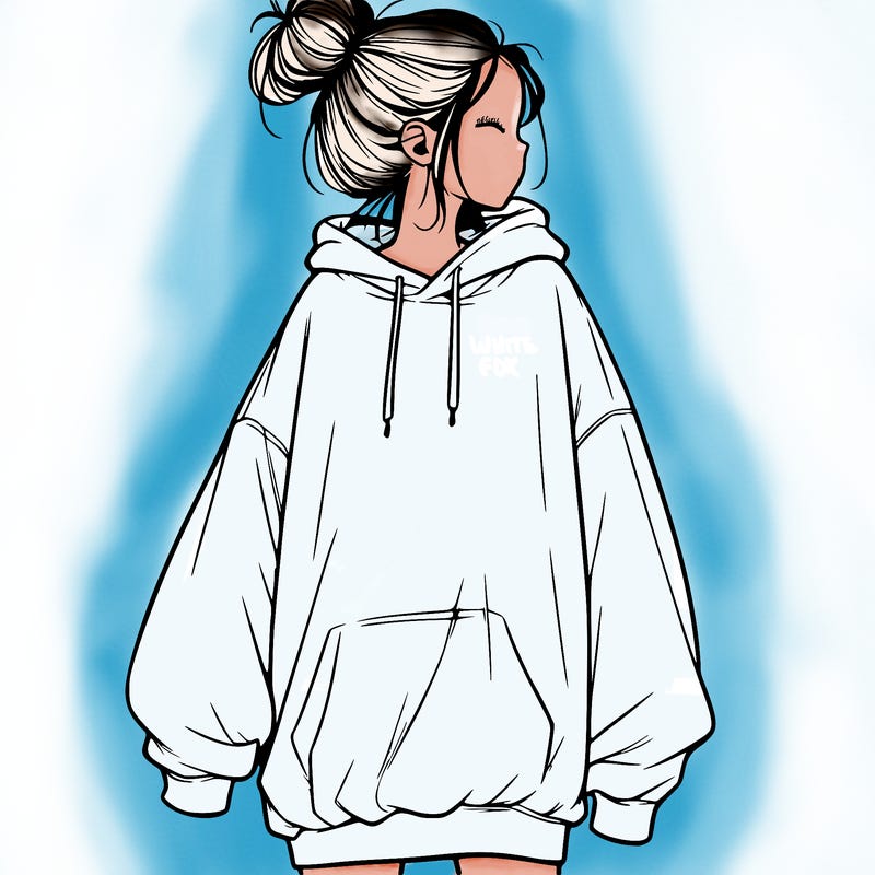 realistic girl with a oversized sweatshirt on and a bun