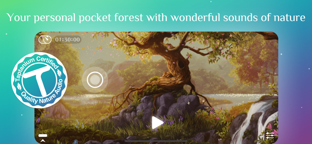 A lush 3D forest illustration within the Away app interface showing a waterfall, lake, and Taptanium certified audio seal.