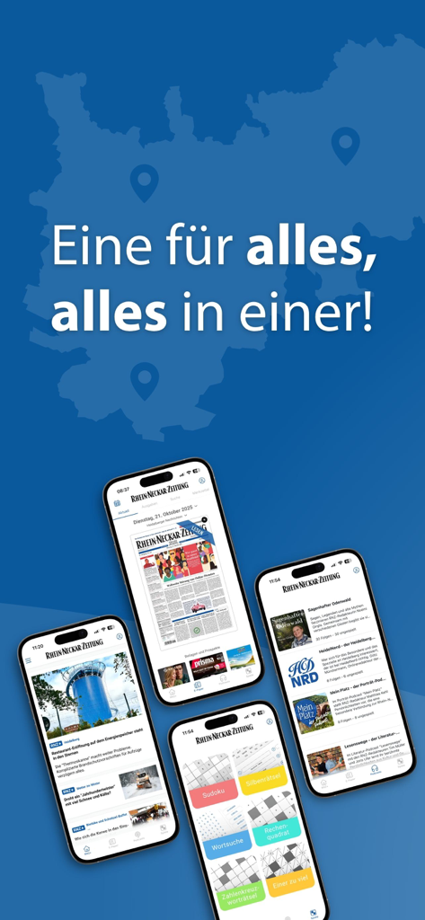 RNZ - Nachrichten - Cuatro iPhones mostrando diferentes secciones de la aplicación RNZ Nachrichten, incluyendo feed de noticias, e-paper, puzzles y podcasts