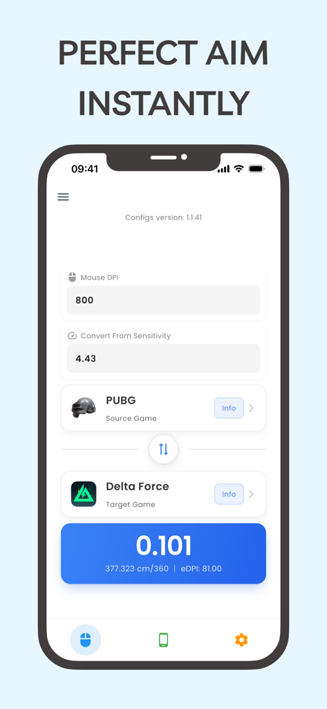 Game Aim Converter - Interfaz de la aplicación móvil Game Aim Converter que muestra la conversión de sensibilidad del ratón de PUBG a Delta Force