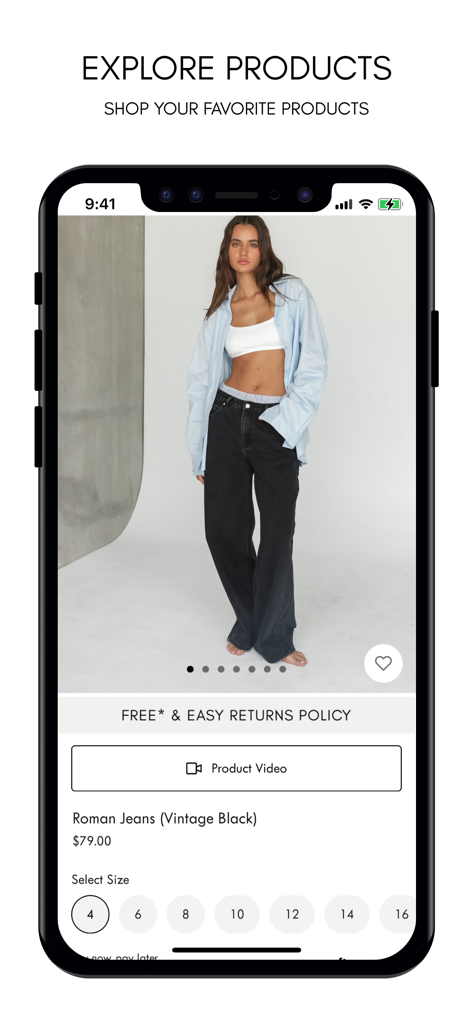 CHARCOAL CLOTHING - Product detail page in the Charcoal Clothing app featuring Roman Jeans in vintage black with size selection and pricing