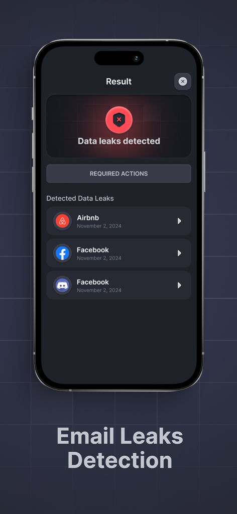 Mobile Security - Protectarius - Protectarius app interface showing results for email data leak detection