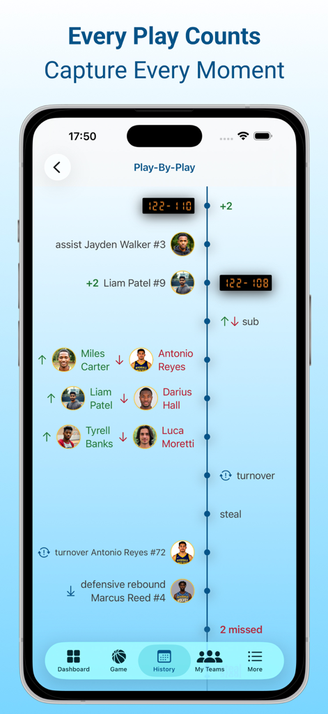 Hooper: Basketball Assistant - Basketball app screen displaying play by play game events and player performance stats