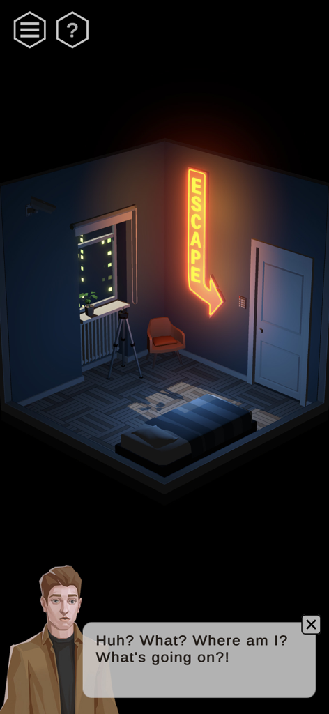 Une scène de chambre 3D isométrique de 50 Tiny Room Escape montrant un personnage en dialogue